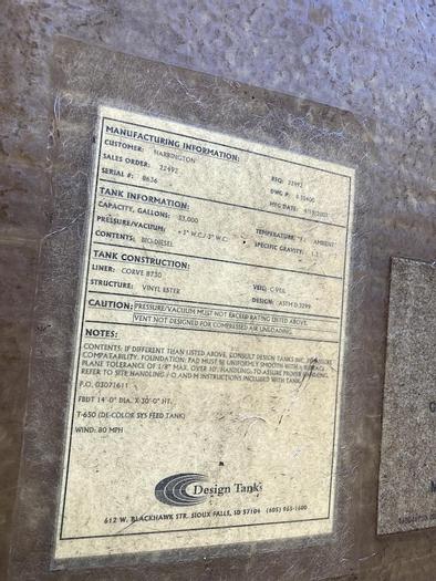 Used Used Design Tanks 33,000 gallon vertical fiberglass storage tank