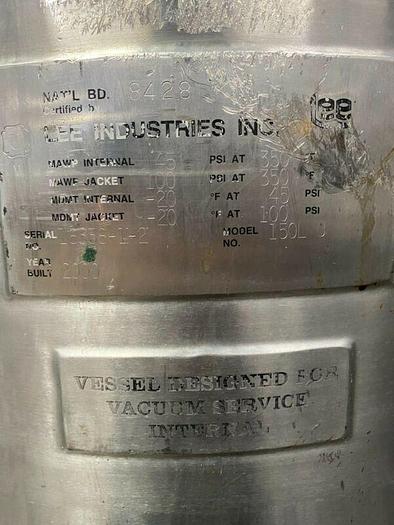 Used LEE 150 Liter Stainless Steel Jacketed 45 PSI Reactor w/ Sight Glass & Valves