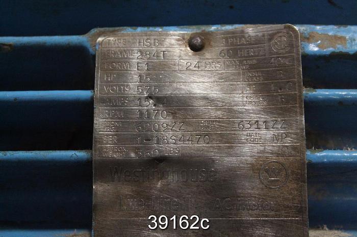 Used Westinghouse 15 HP AC Motor, 1170 RPM, 575 Volts, 284T Frame, 60 HZ #39162