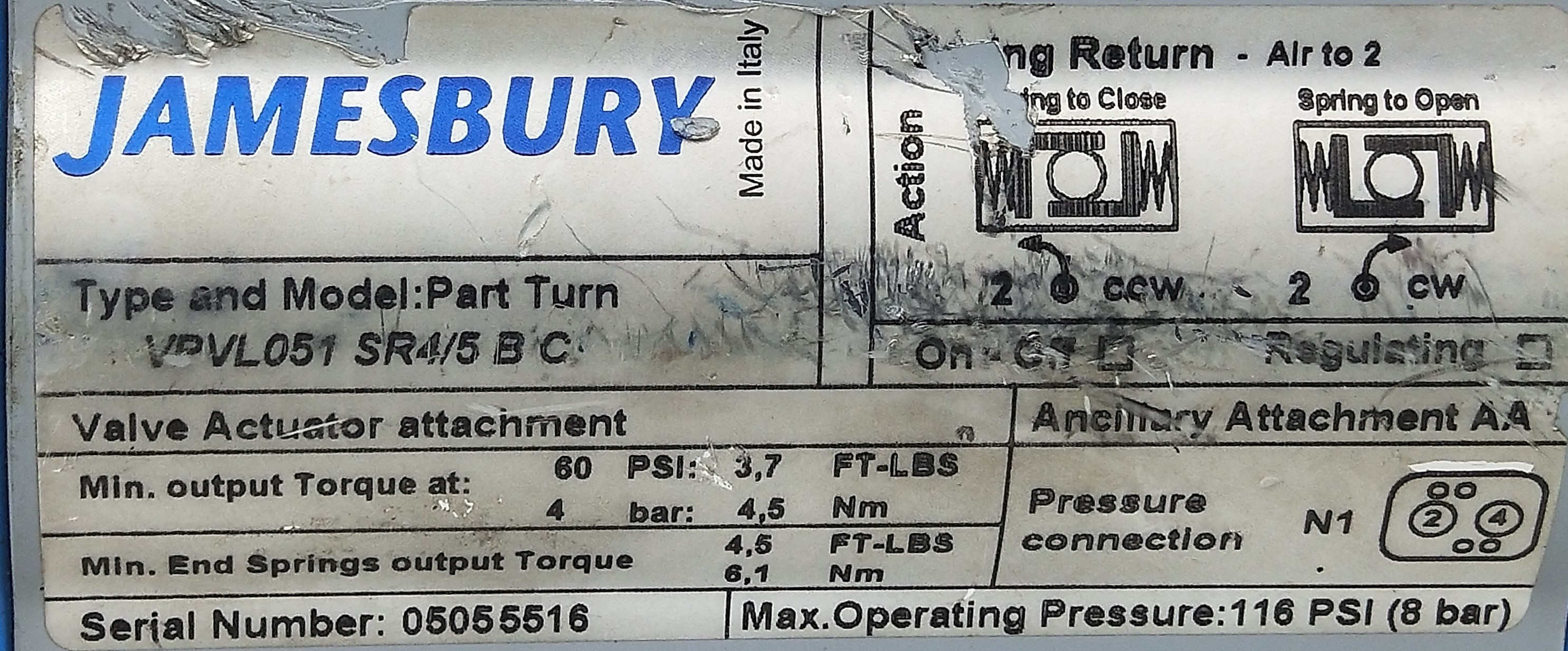 Used Jamesbury Valv-Powr VPVL051 SR4/5 B C Pneumatic Valve Actuator with CF8M Ball Valve