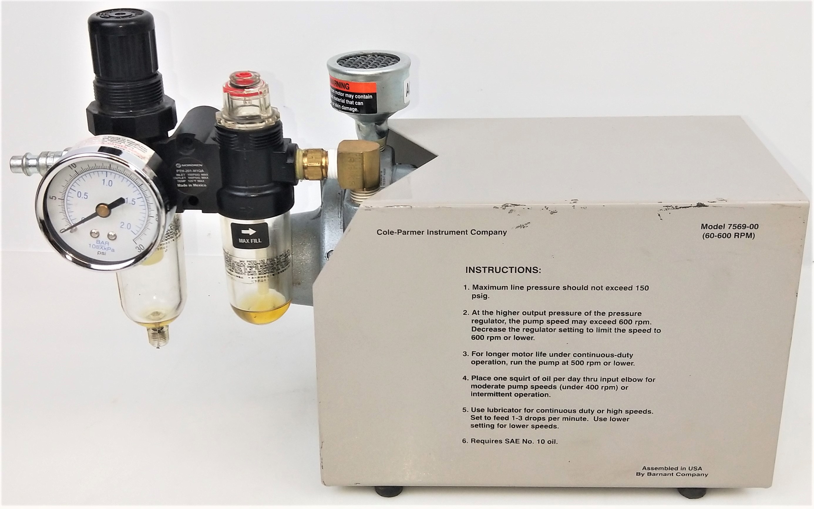 Used Cole-Parmer Masterflex L/S 7569-00 Air-Powered Peristaltic Pump with Pump Head, Carrying Case and Accessories