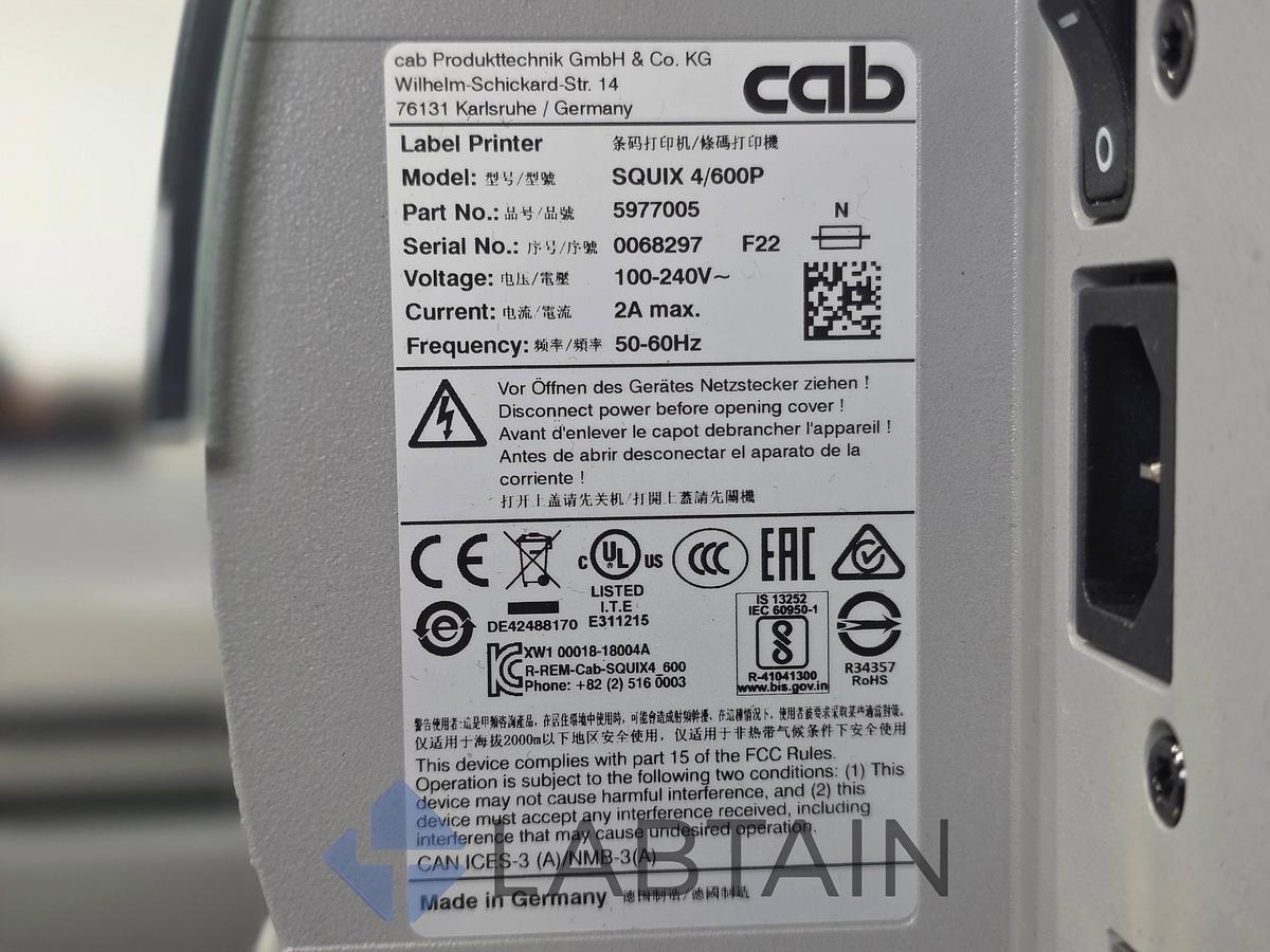 Used CAB SQUIX 4/600P Automated Label Printer System w/ S3200 Pneumatic Applicator Used
