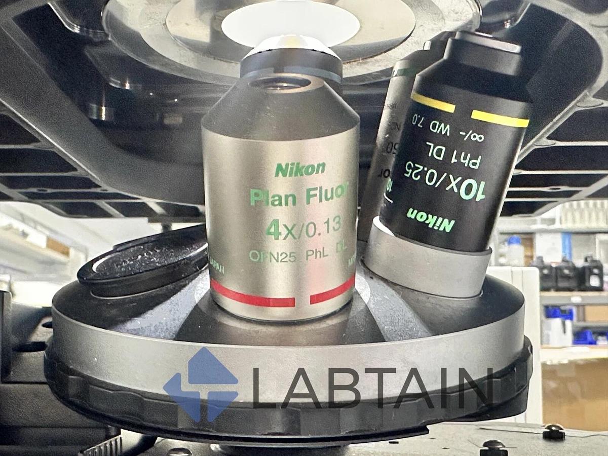 Used Nikon Ti-S/L100 Inverted Research Phase Contrast Microscope – 4 Objectives – Powers On – Good Condition