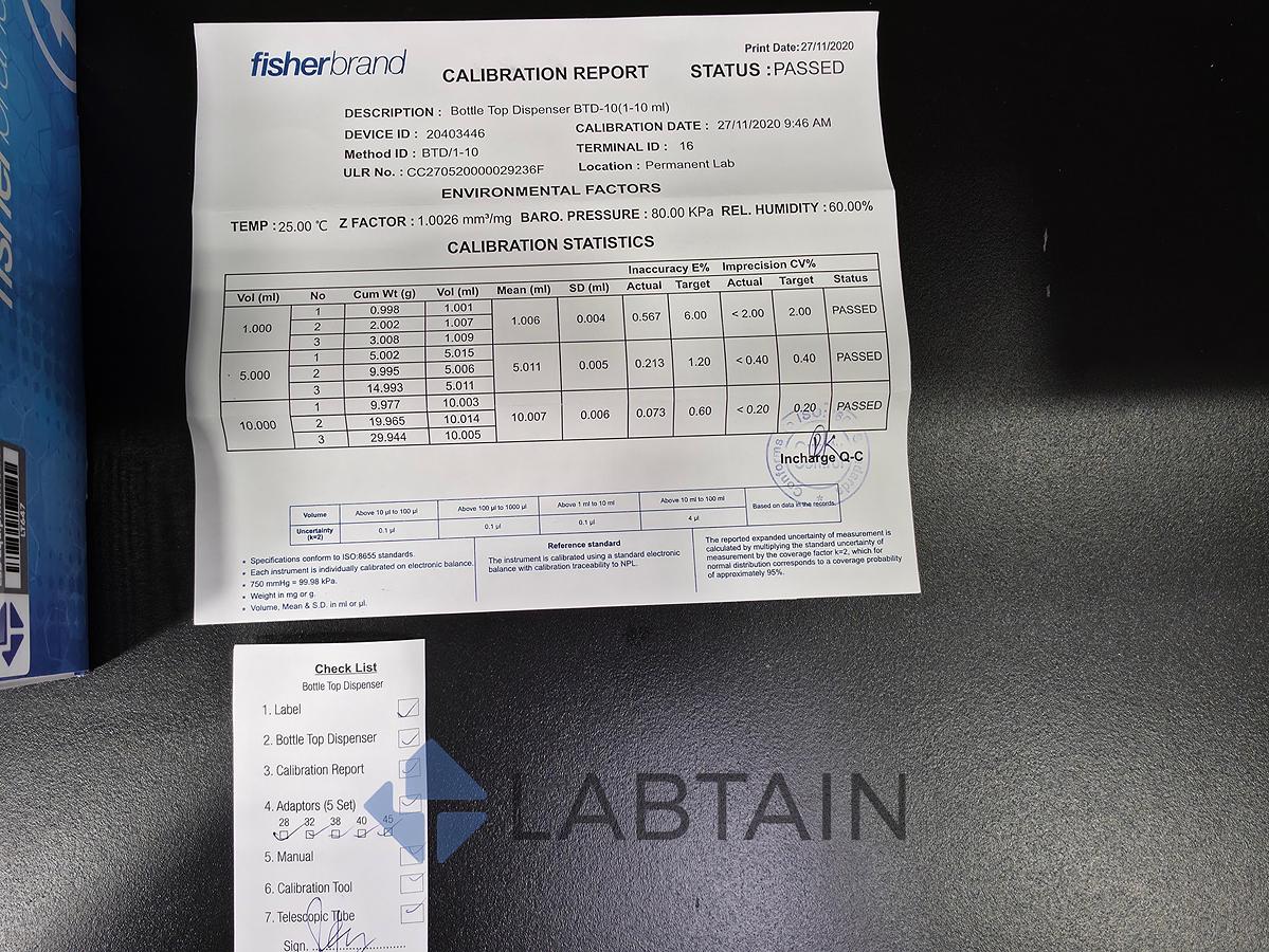Fisherbrand 1-10mL Bottle Top Dispenser (BTD-10) with Recirculation Valve & Adapters - New Open Box
