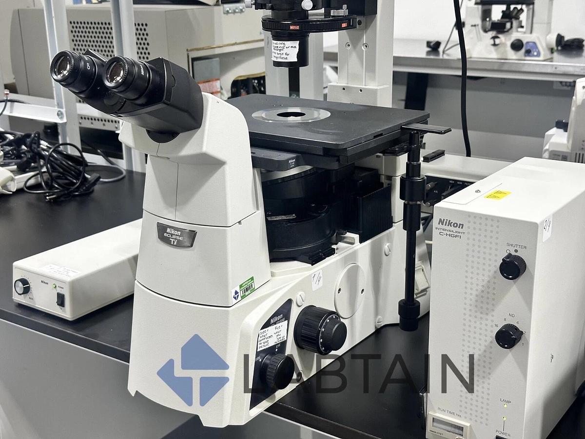 Used Nikon Ti-S/L100 Inverted Research Phase Contrast Microscope – 4 Objectives – Powers On – Good Condition