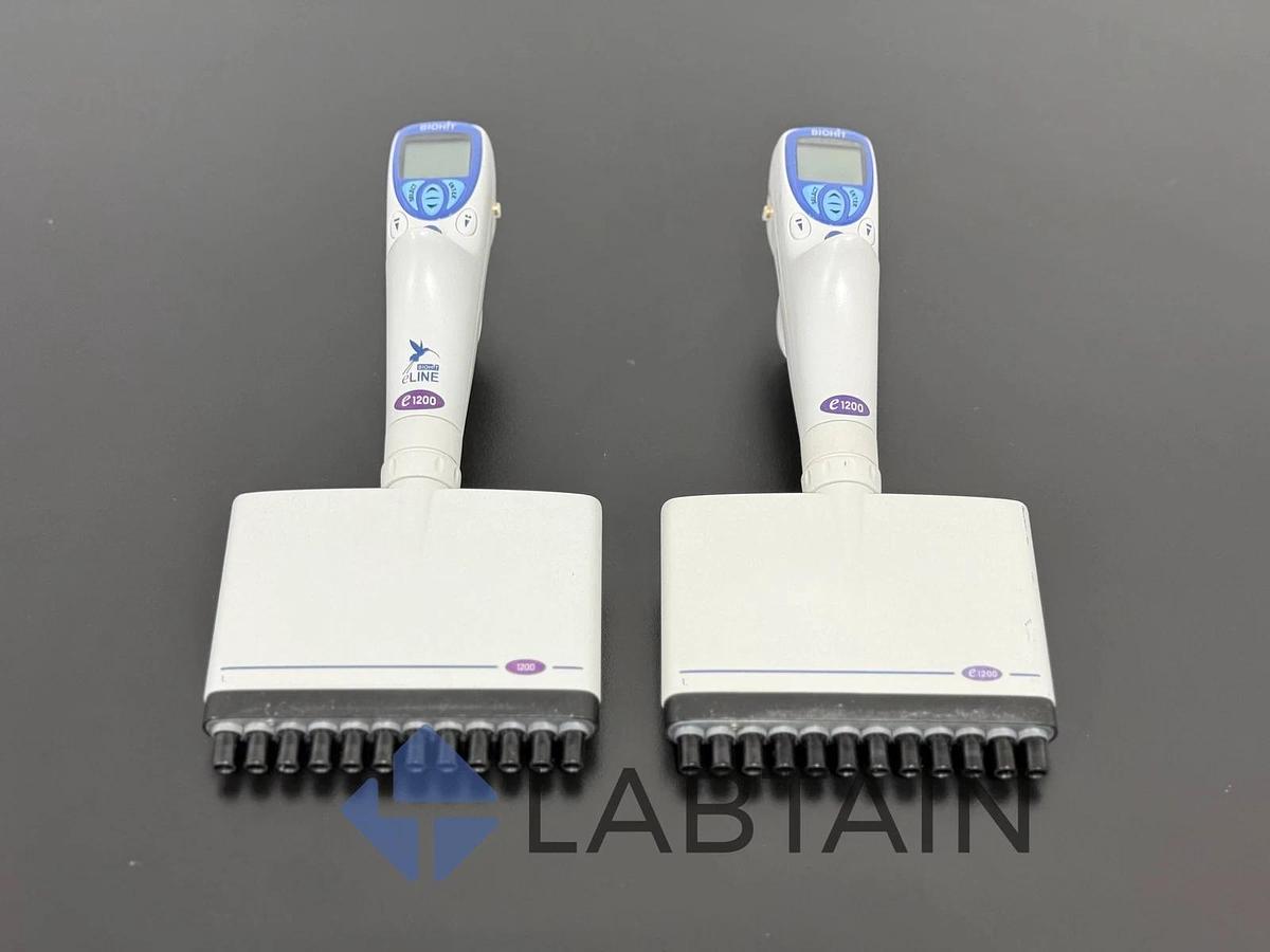 Used Lot of 2 Biohit (Sartorius) eLINE 12-Channel Electronic Pipettes 50-1200ul