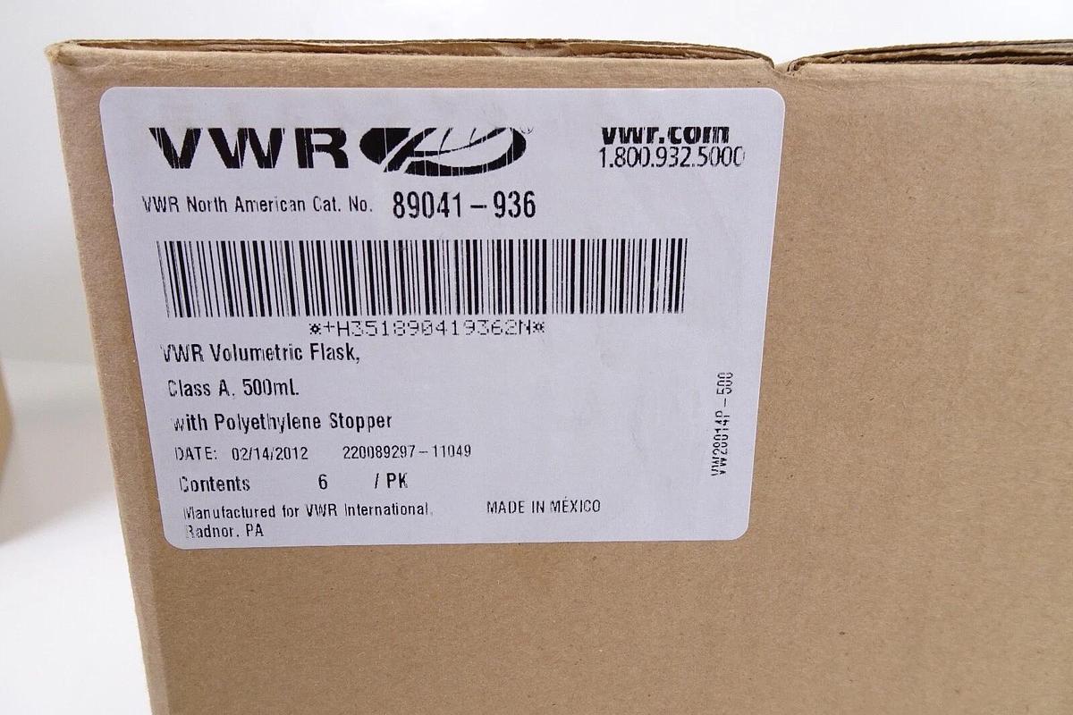 VWR Volumetric Flask, Class A, 500mL w/ Polyethylene Stopper 89041-936 ( 6/pk)