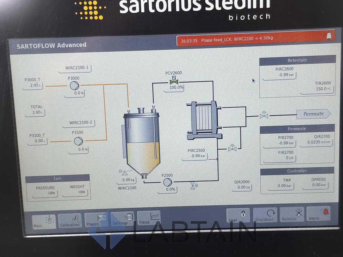 Used Sartorius Stedim SARTOFLOW Advanced Benchtop TFF Crossflow System, 10 L SS Vessel, 0.1–2.1 m², Used/Inspected