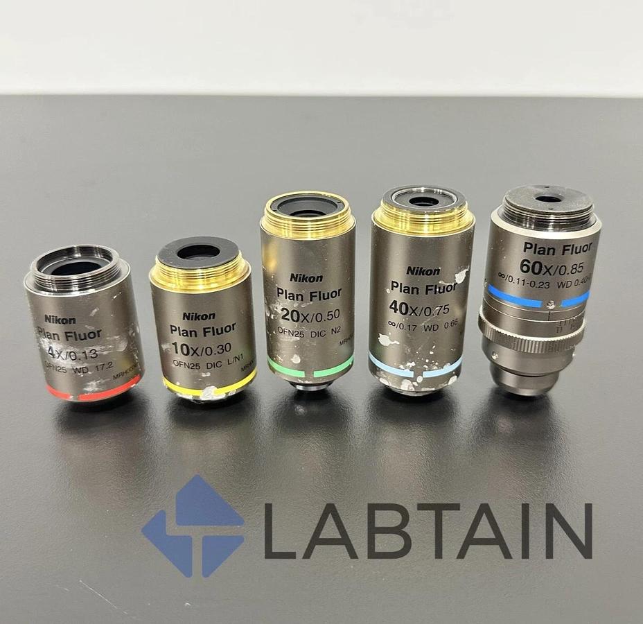 Used Nikon plan fluor microscope objective set (4x, 10x, 20x, 40x, 60x)
