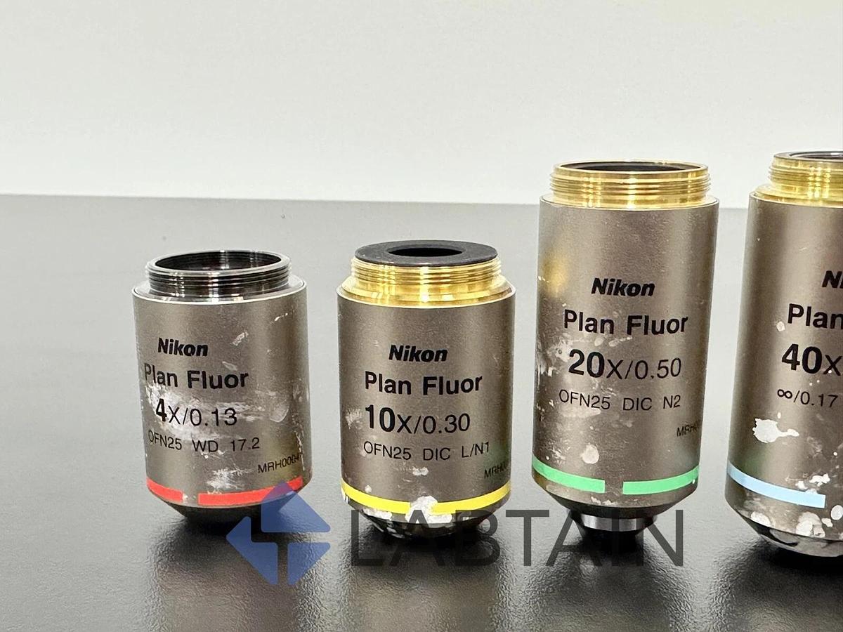 Used Nikon plan fluor microscope objective set (4x, 10x, 20x, 40x, 60x)
