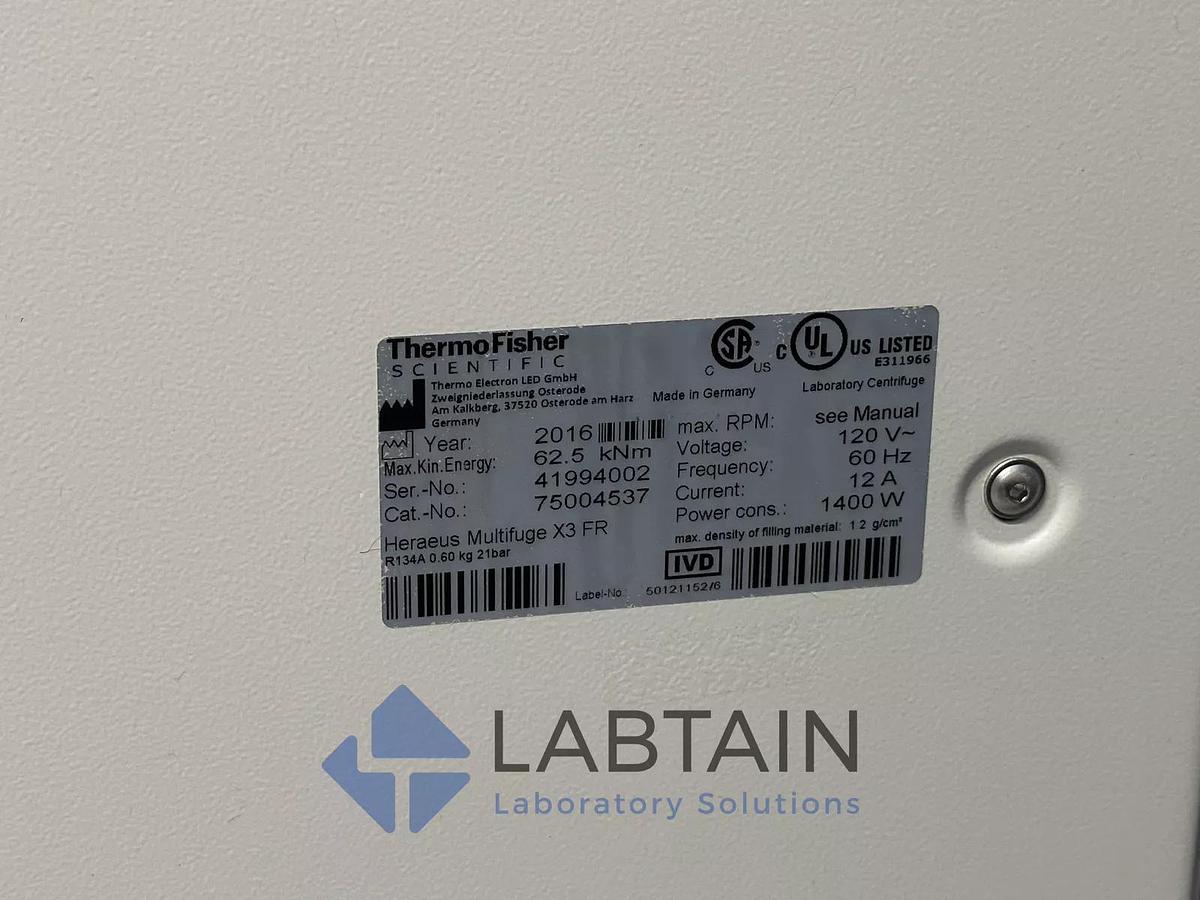 Used Thermo Scientific Heraeus Multifuge X3 FR Refrigerated Centrifuge w/ 75003180 Rotor & Buckets 41994002 – Tested