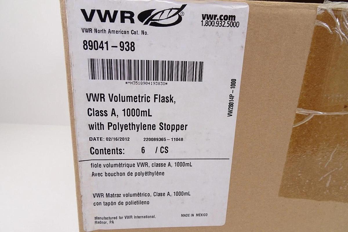 VWR Volumetric Flask, Class A, 1000mL w/ Polyethylene Stopper 89041-938 ( 6/pk)