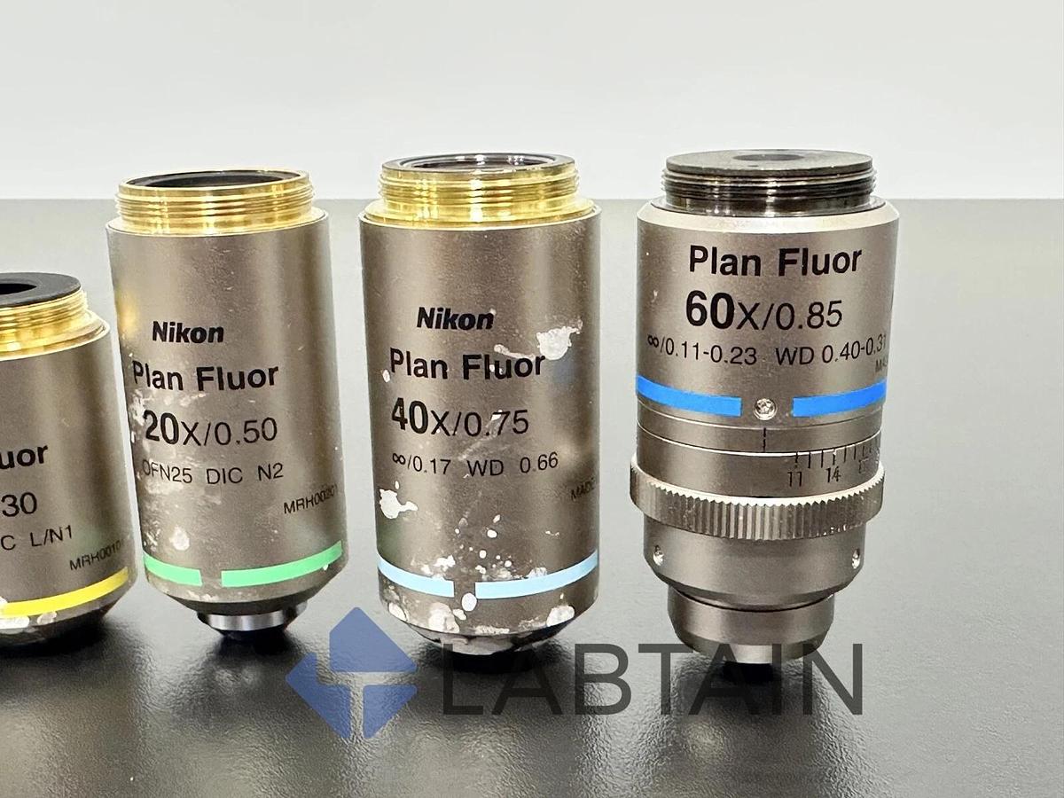 Used Nikon plan fluor microscope objective set (4x, 10x, 20x, 40x, 60x)