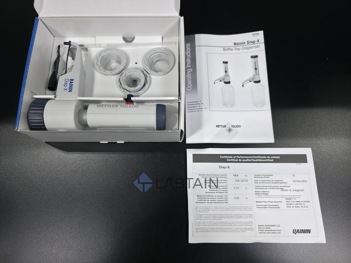 Used Rainin Disp-X Bottle-Top Dispenser (1-10 mL) by Mettler Toledo - Open Box with Adapters