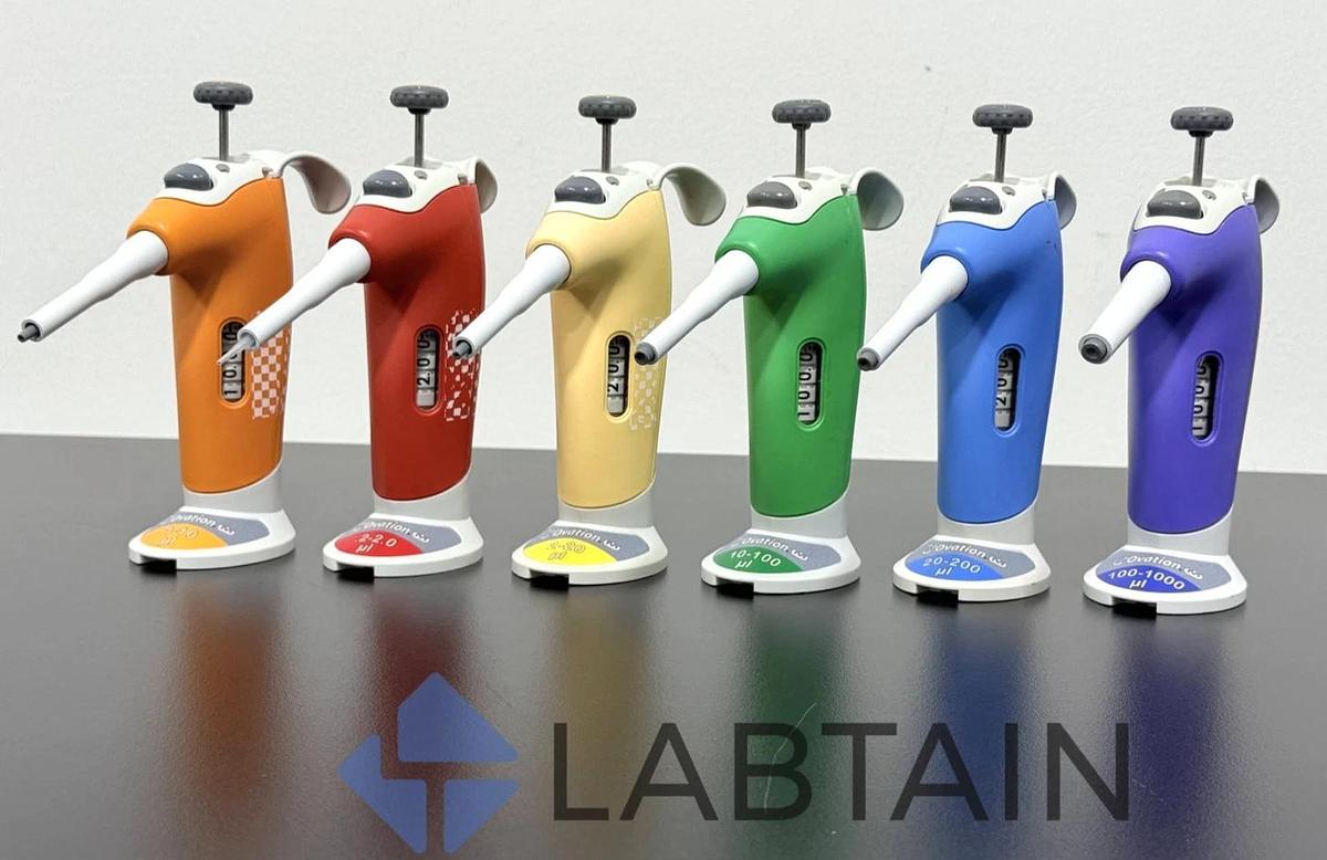 Used Lot of 6 VistaLab Ovation Adjustable Pipetts - Ergonomic Micropipettors, 1-1000