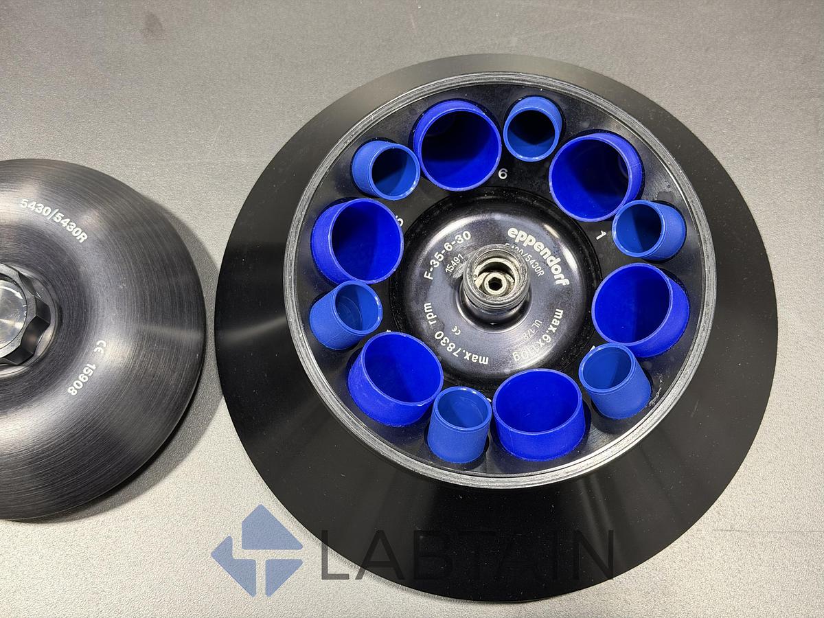 Used Eppendorf F-35-6-30 Fixed-Angle Rotor for Centrifuge 5430/5430 R — 6 × 15/50 mL Conical, with Lid & 12 Adapters, Used