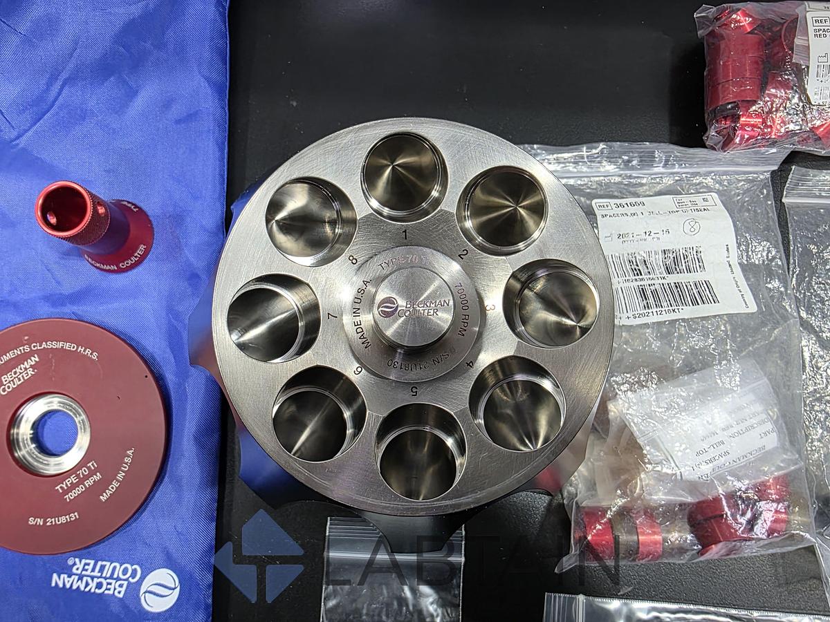 Used Beckman Coulter Type 70 Ti Fixed-Angle Titanium Ultracentrifuge Rotor — 70,000 RPM, 8 × 39 mL, with Lid, OptiSeal/Quick-Seal Spacers & Spinkote (Cat #337922) — Used/Inspected