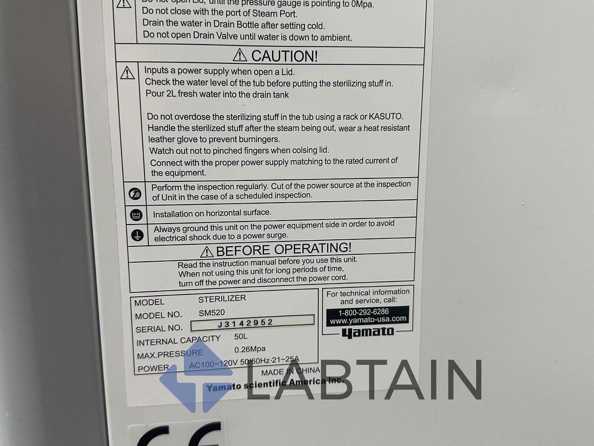 Used Yamato Scientific SM520 Laboratory Sterilizer Autoclave – 50 L Capacity