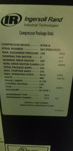 Used Ingersoll Rand R75N-100 100 hp. VSD Rotary Screw Air compressor (refurbi/warranty)