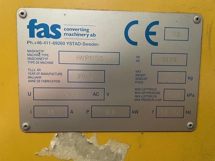 Used 2008 Coreless / core Winder FAS Model IWP1100 core IWP 1100