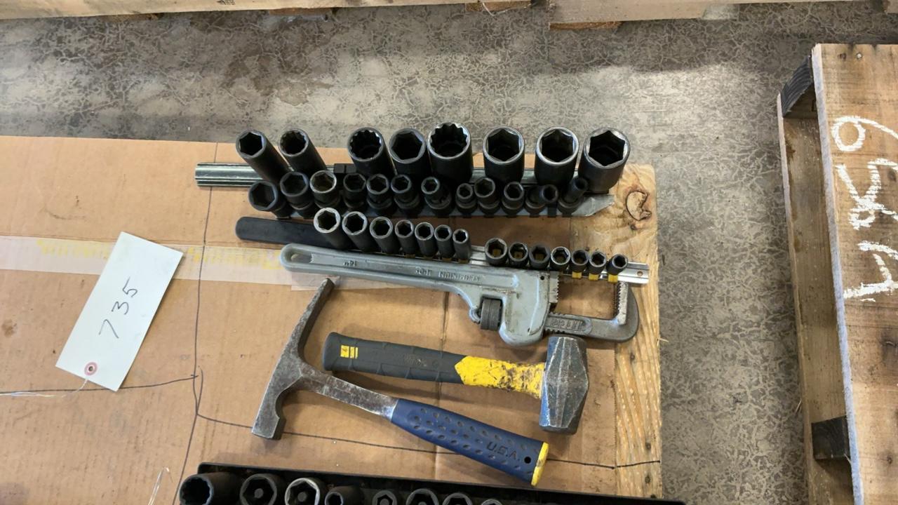 Used Hammers, 14” Pipe Wrench and Sockets