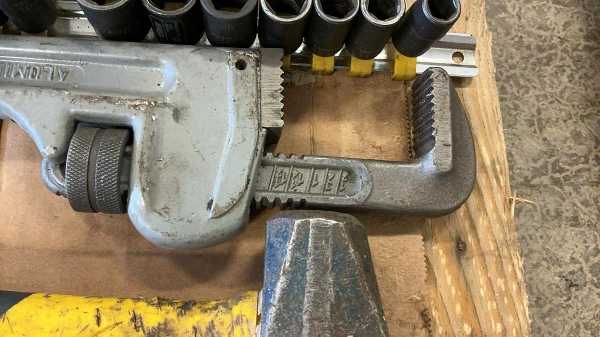 Used Hammers, 14” Pipe Wrench and Sockets