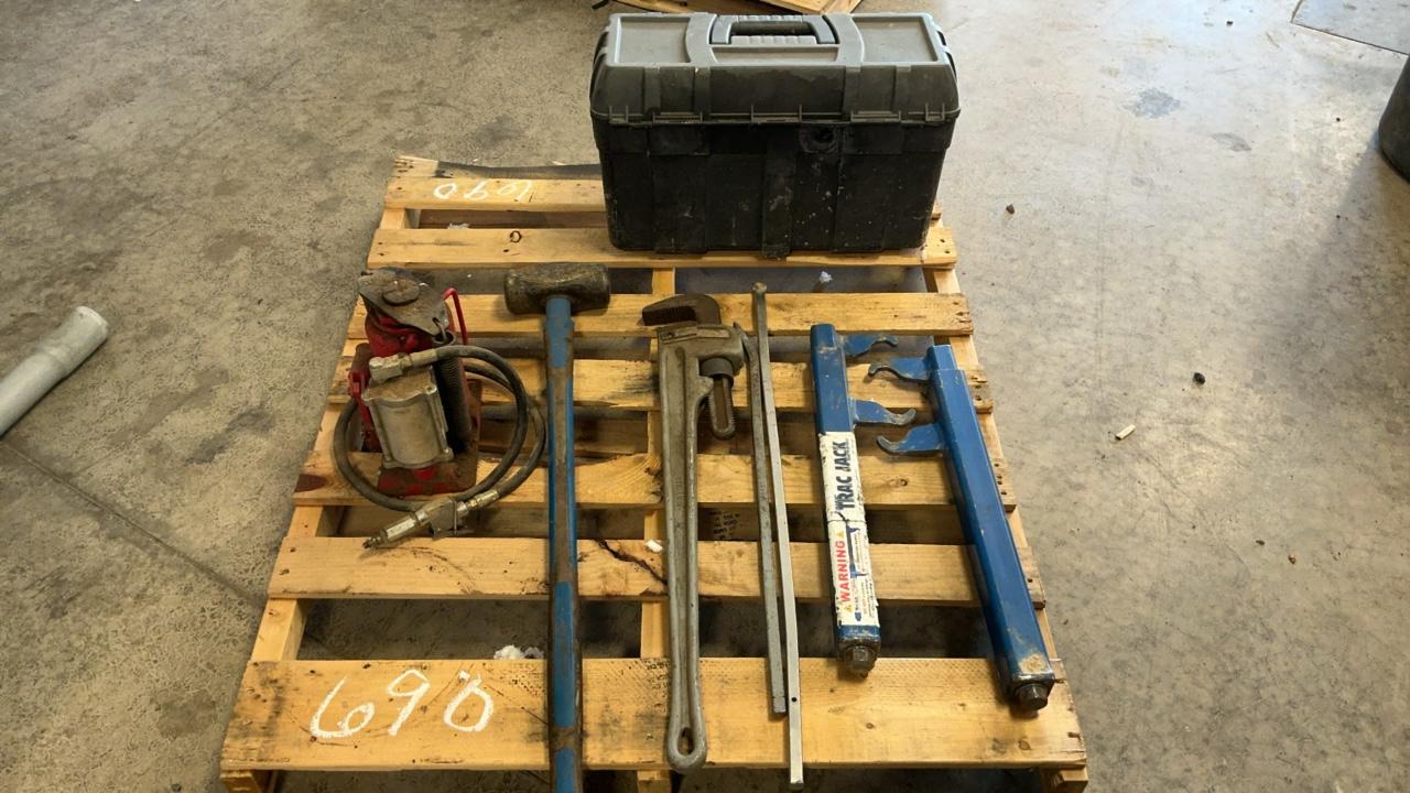 Used Hydraulic/Air Jack, Sledge and Assorted Tools