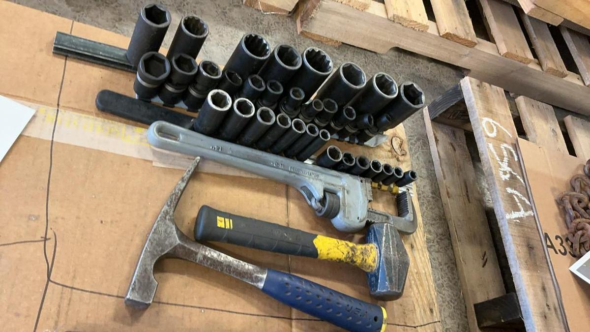 Used Hammers, 14” Pipe Wrench and Sockets