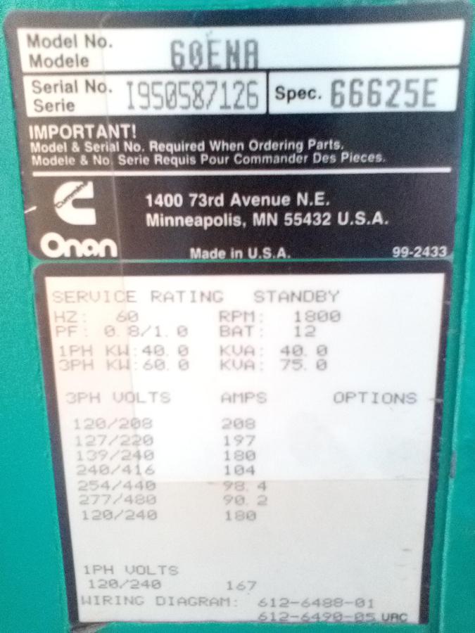 Used 60 KW Onan NG Genset