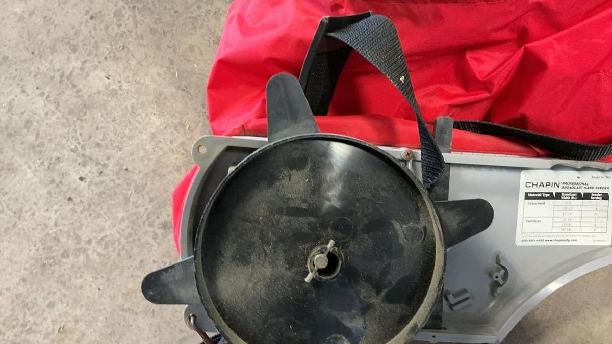 Used Chapin Professional Broadcast Hand Seeder, Grass seed, and Rakes