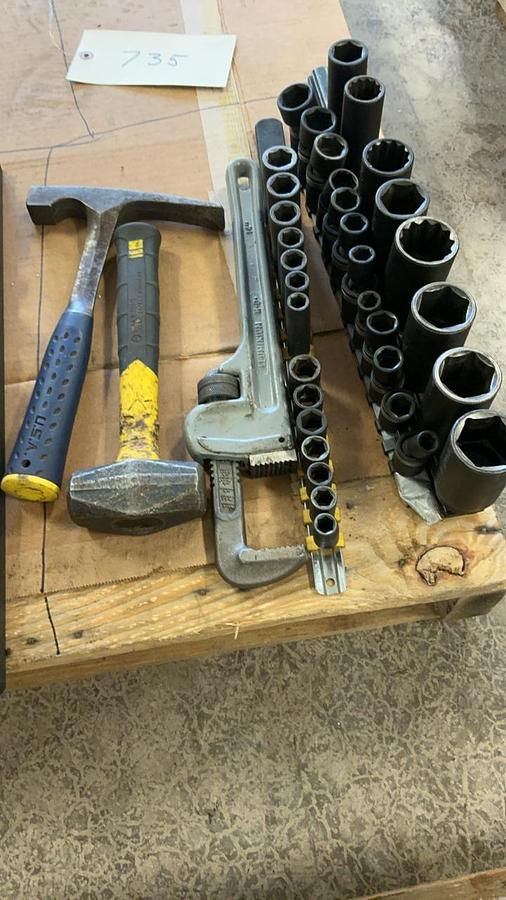 Used Hammers, 14” Pipe Wrench and Sockets