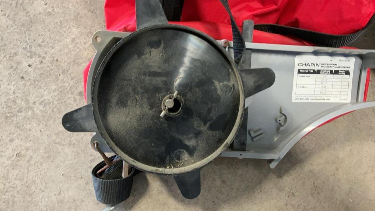 Used Chapin Professional Broadcast Hand Seeder, Grass seed, and Rakes