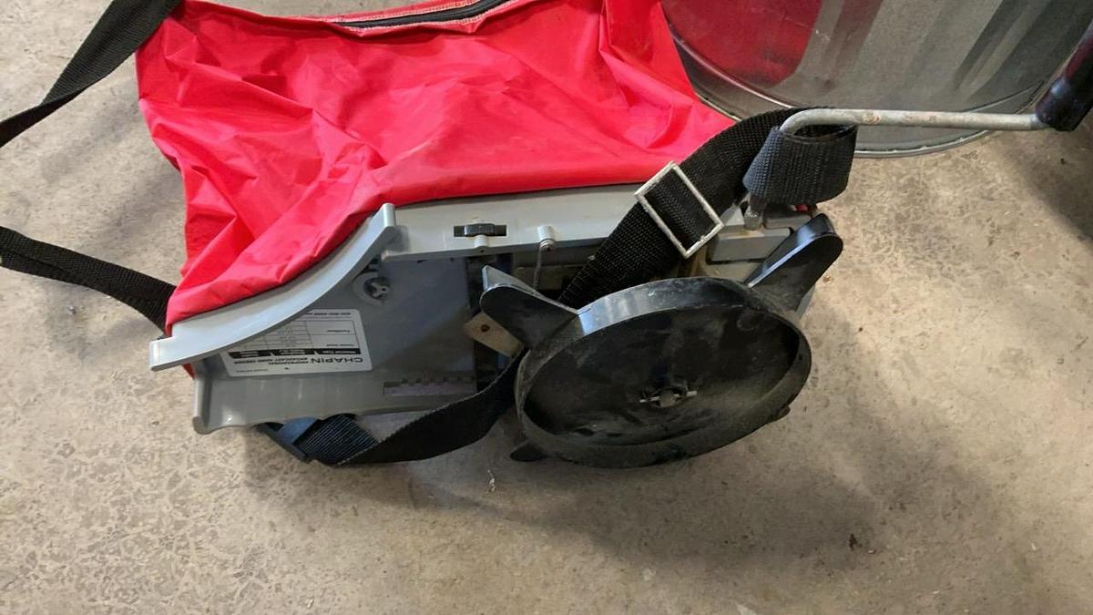 Used Chapin Professional Broadcast Hand Seeder, Grass seed, and Rakes