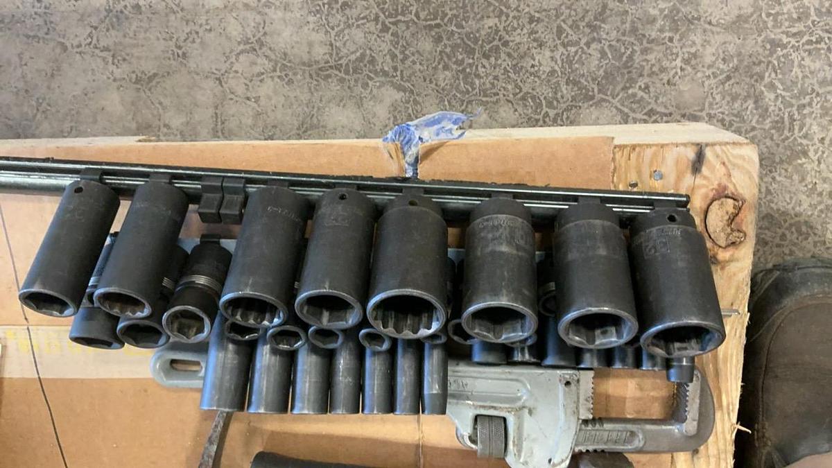 Used Hammers, 14” Pipe Wrench and Sockets