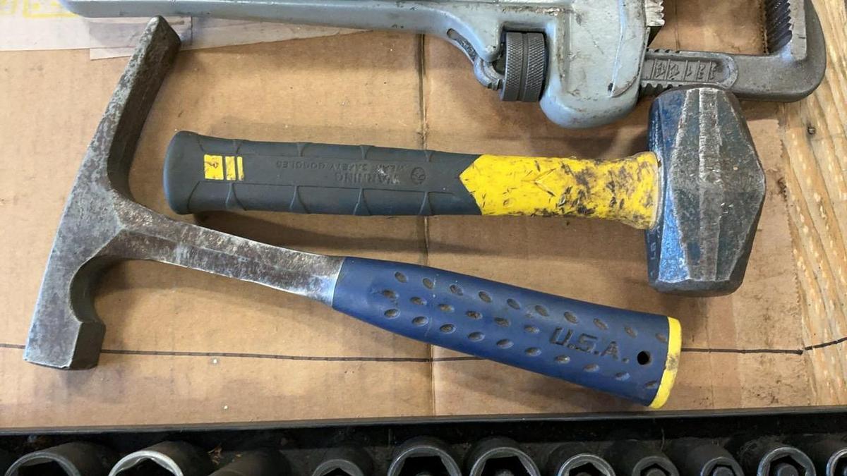 Used Hammers, 14” Pipe Wrench and Sockets