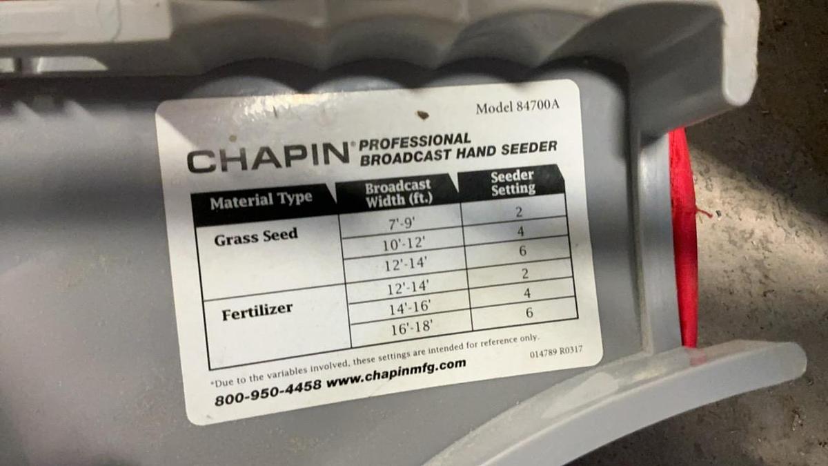 Used Chapin Professional Broadcast Hand Seeder, Grass seed, and Rakes