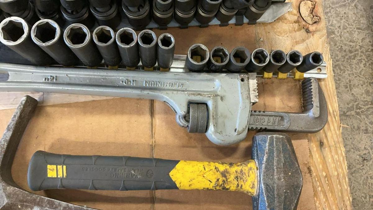 Used Hammers, 14” Pipe Wrench and Sockets