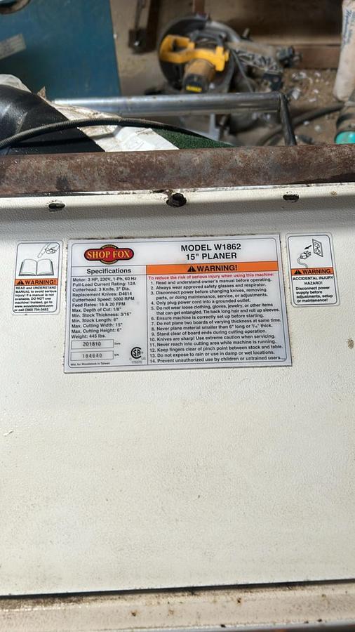 Used 2018 Shop Fox 15" W1862 Planer