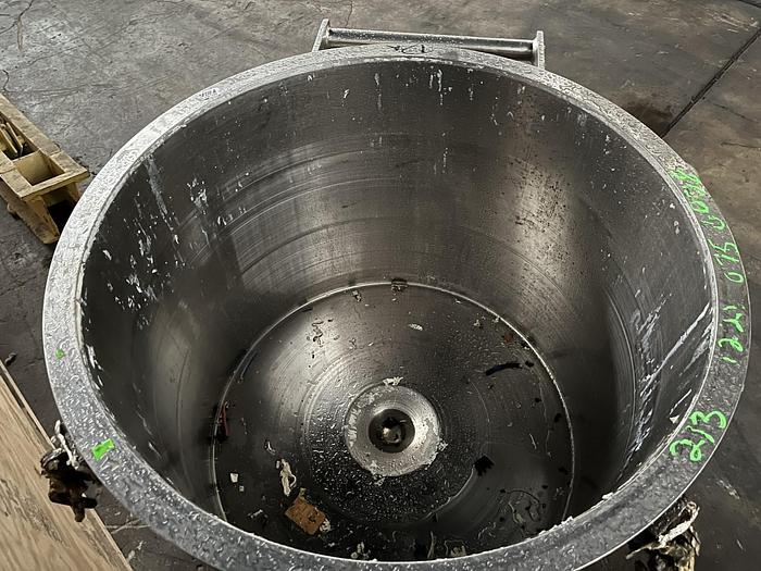 Used 100 GALLON ROSS TRIPLE MOTION MIXER - MODEL PVM-100 - S/S - VACUUM - 2 JACKETED MIX CANS - WITH DISCHARGE RAM