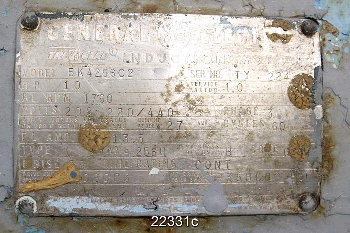 Used General Electric 5K4256C2 Motor, 10 Hp, 1760 Rpm, 208-220/440 Volt, 256U Frame, 13.2 Amp, 1.0 S.F. #22331