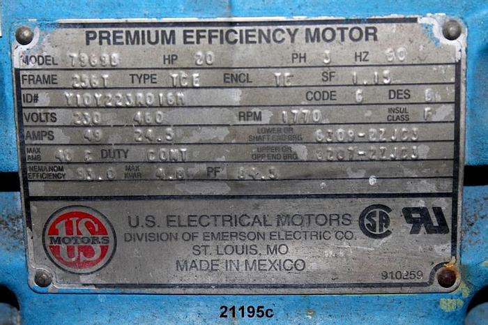 Used Us Electric 79698 Motor, 20 Hp, 1770 Rpm, 230-460 Volt, 256T Frame, 1.15 S.F. #21195