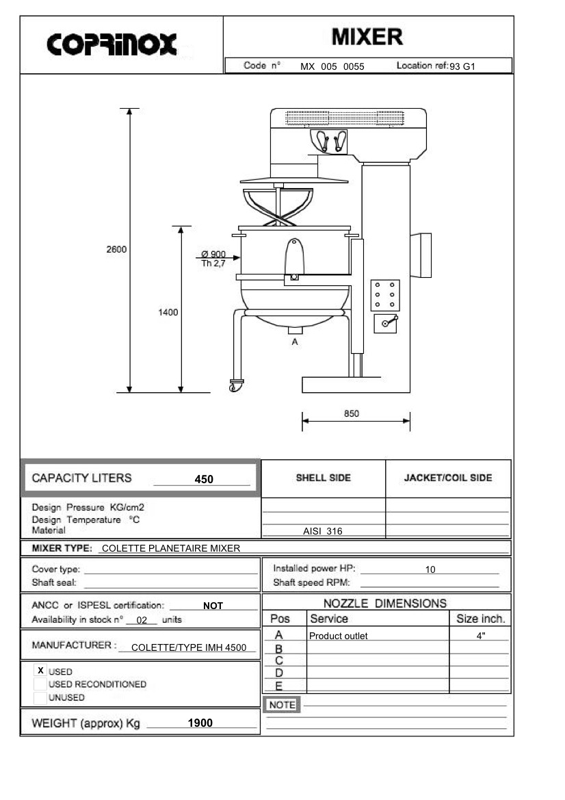 Used 450 liter COLETTE / TYPE IMH 4500 mixer