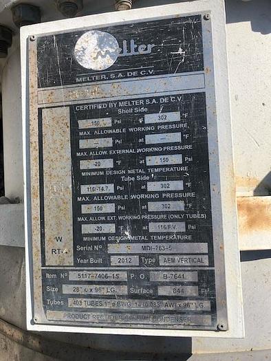 Used Used Melter approximately 738 sq ft vertical 316L stainless steel shell and tube heat exchanger