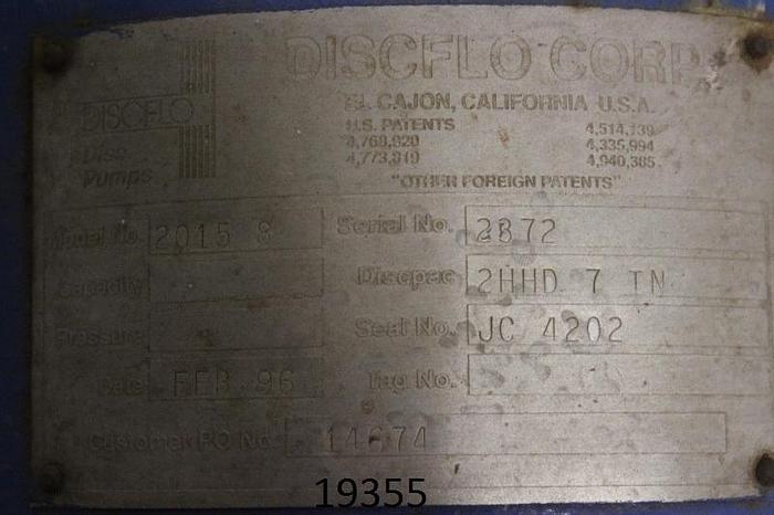 Used Discflo 2015.8 Pump, With 20 Hp, 3537 Rpm, 460 Volt, 256T Frame #19355