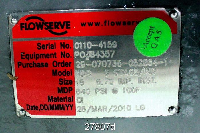 Unused Flowserve WDR 6-STAGE Flowserve High Pressure Pump, 6-Stage,  Model Wdr- 6 Stage, Size 16, 6.7" Impeller, 640 Psi @ 100˚ F. Unused #27807