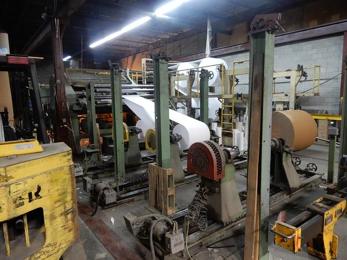 Used 74" (1.87M)  LENOX SINGLE ROTARY KNIFE SHEETER 3 UNWIND STANDS AND STACKER
