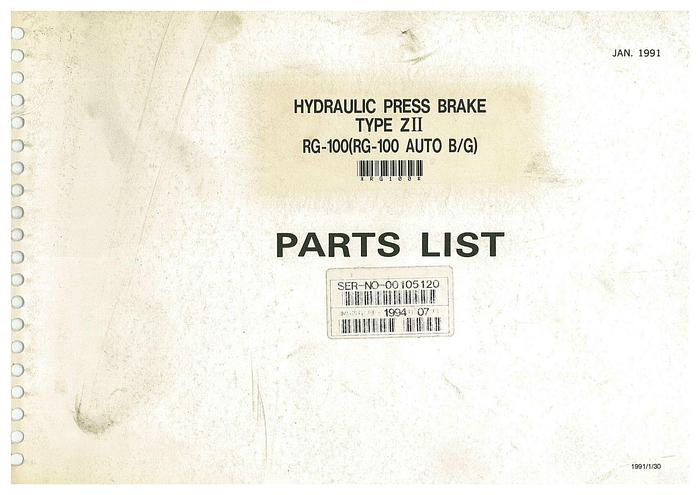 Used Manual for Used Amada Hydraulic Press Brake Type ZII RG-100 – Parts List