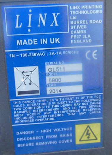 Used Printer, Inkjet, LINX, Mdl 5900, 1433 FPM, #S742819
