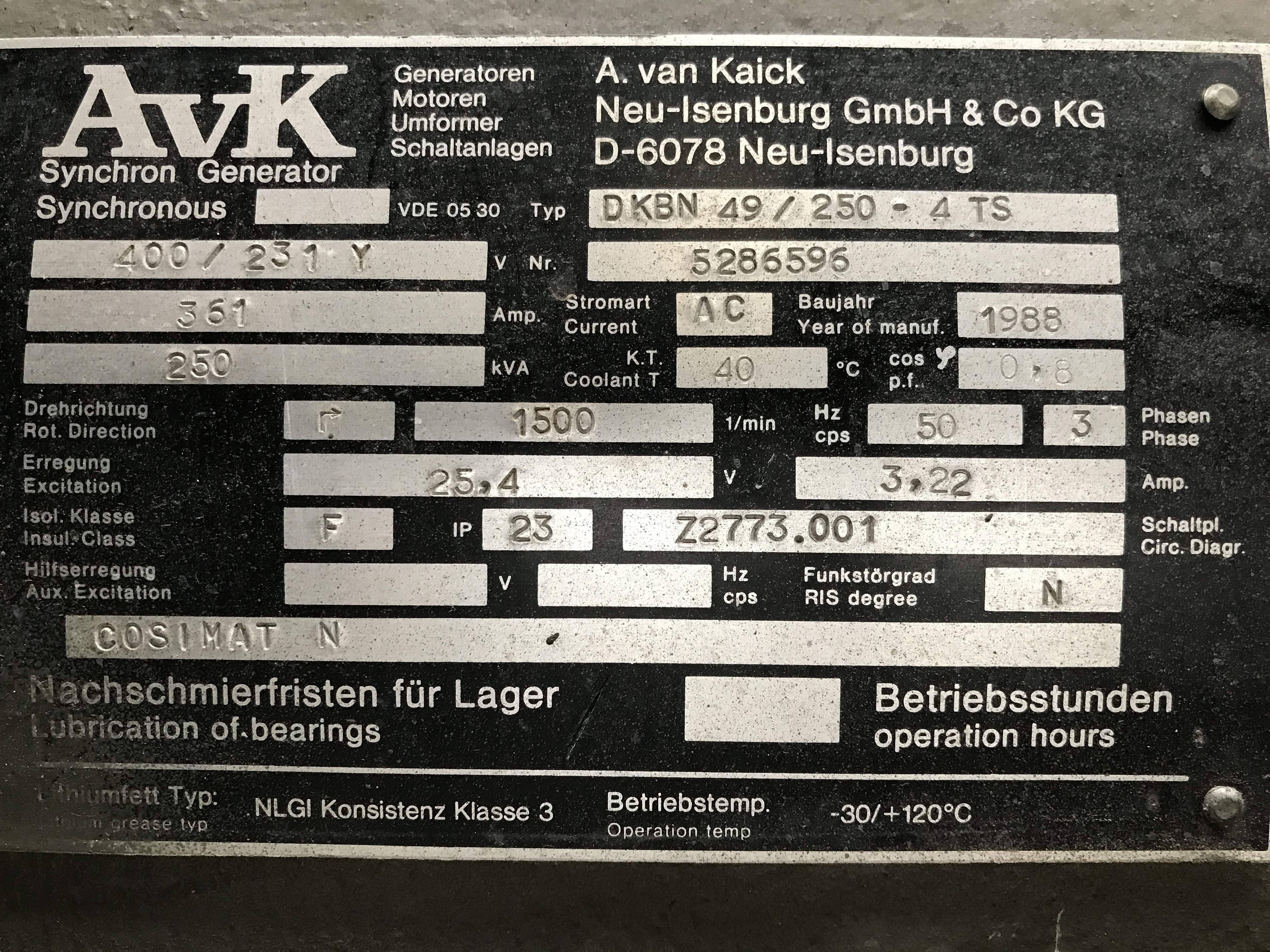 Used 1988 MWM TBD 234-V6 / A.VAN KAICK GEN.SET 250 KVA