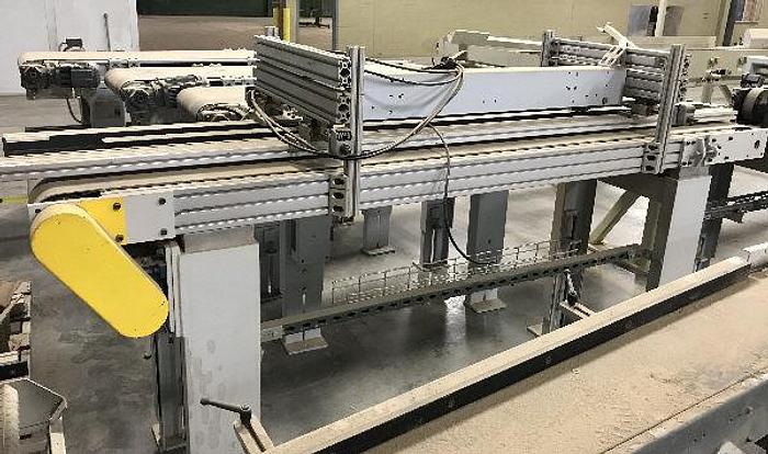 Used 20 INCH WIDE x 9 FT LONG BELT CONVEYOR WITH ADJUSTABLE GUIDE AND CENTER HOLD-DOWN BEAM